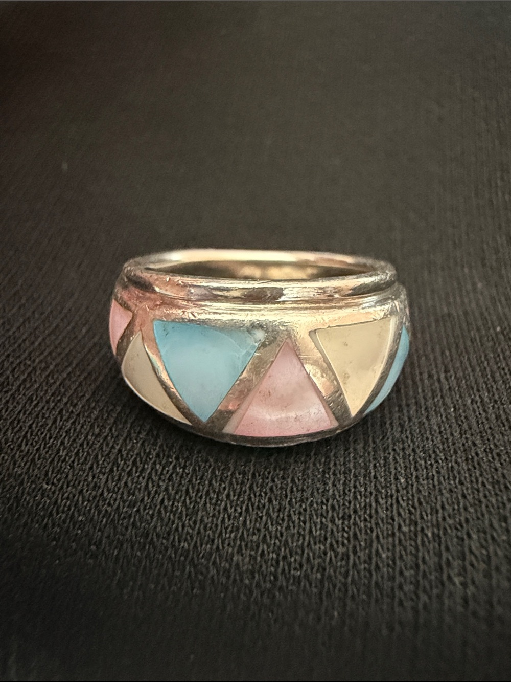 Vintage 925 sterling silver chunky MCM Art Deco ring natural mother of pearl